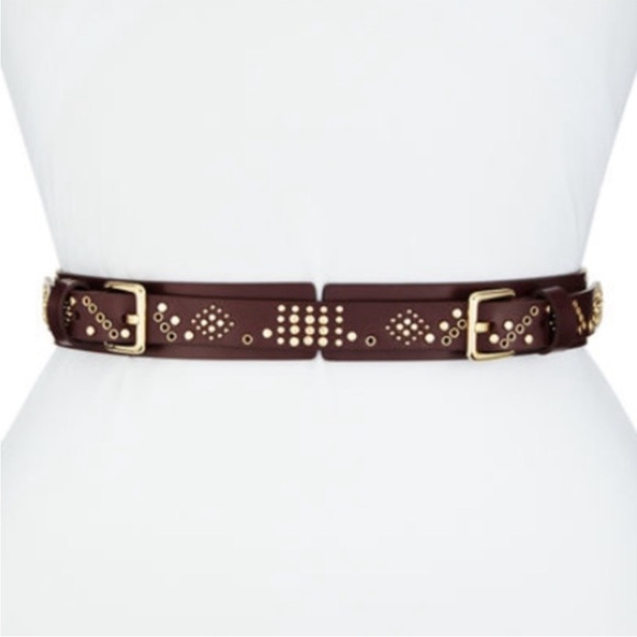 Rebecca Minkoff Burgundy Leather Corset Belt Gold Studded Double Buckles - Picture 1 of 10